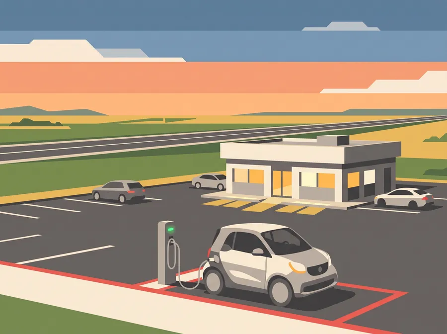 Flat illustration: a small electric car plugged into a charging post in a marked bay at a prairie service stop at dusk.